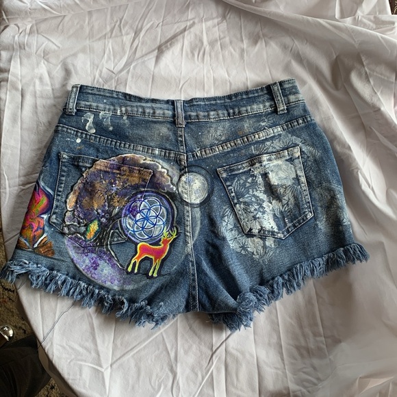 Upcycled Denim Shorts Unique Skater Streetwear Y2K Painted Embroidered Art Wear - Picture 3 of 11